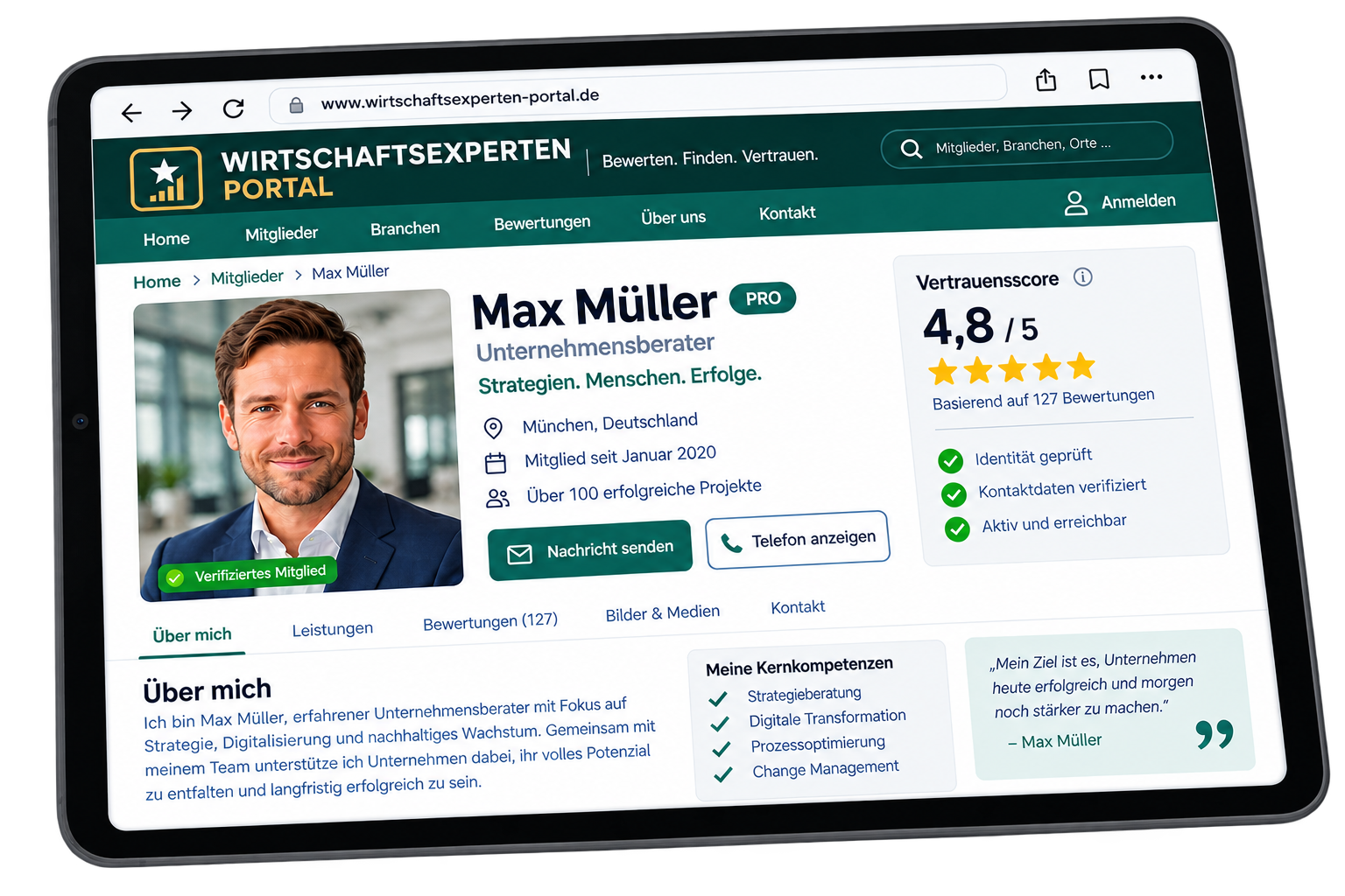 Wirtschaftsexperten-Portal Unternehmensprofil auf dem Tablet