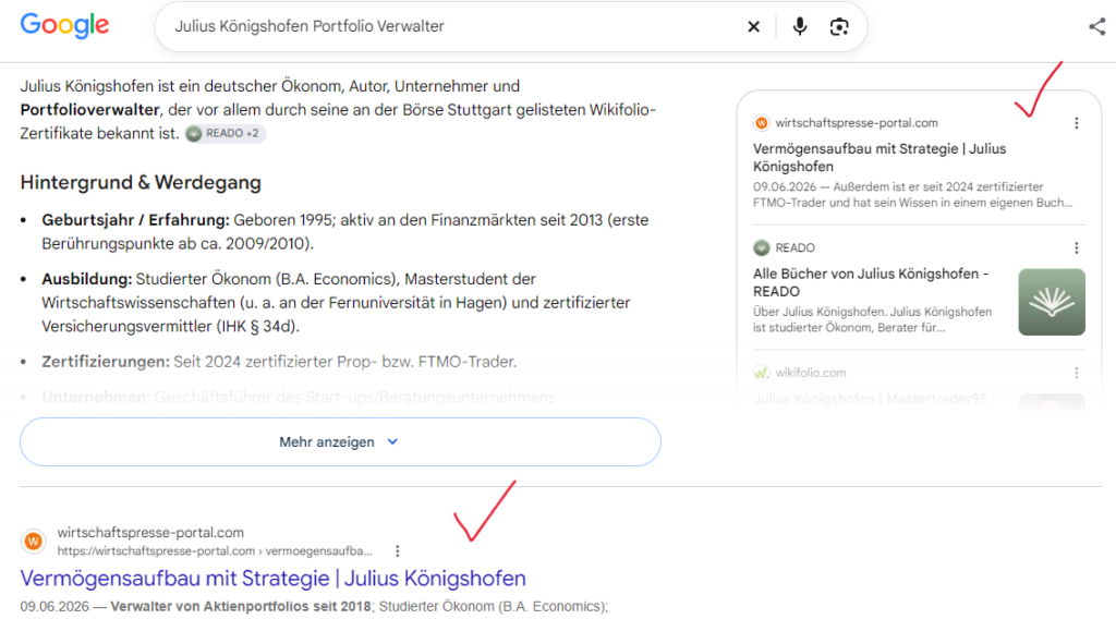 Nachher: Von der Buchseite zur sichtbaren Marke: Online-Reputation für einen Portfolioverwalter